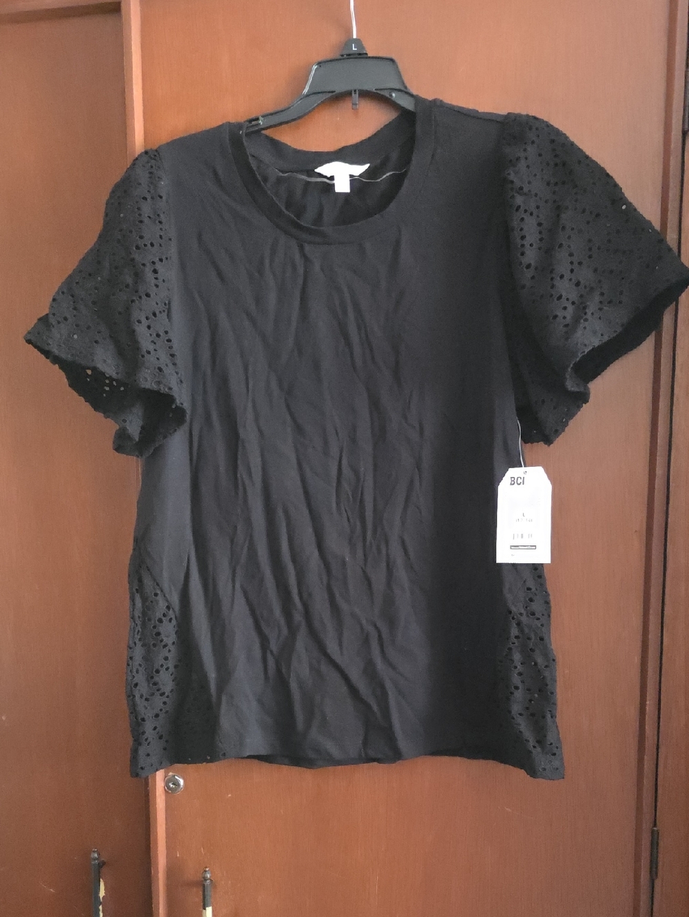 Time and Tru 100% Cotton NWT Black Eyelet Short Sleeve Crewneck Top Sz L